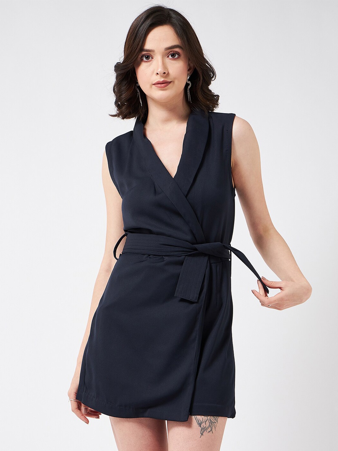 

MAGRE Shawl Collar Waist Tie-Ups Detail Jumpsuit, Navy blue