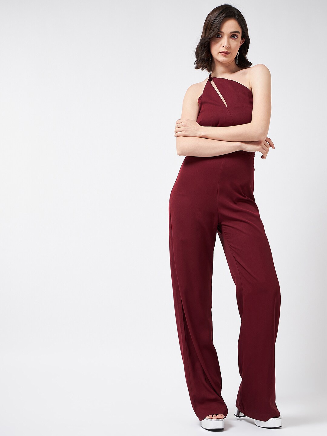 

MAGRE One Shoulder Cutout Detail Basic Jumpsuit, Maroon