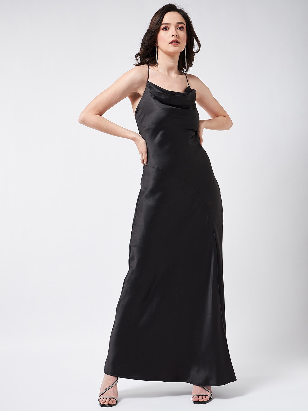 

MAGRE Cowl Neck A-Line Satin Maxi Dress, Black