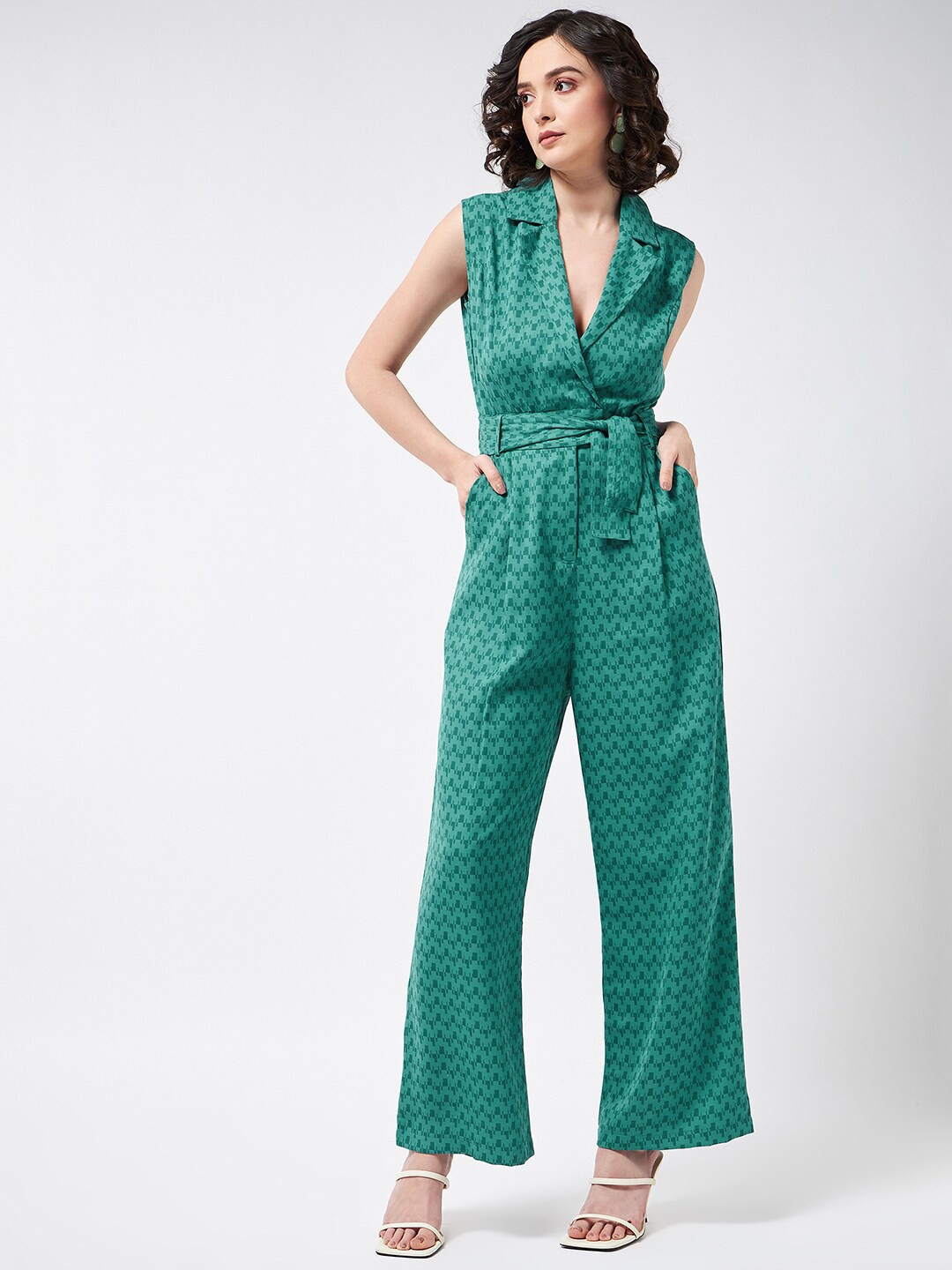 

MAGRE Printed Waist Tie-Ups Basic Jumpsuit, Sea green