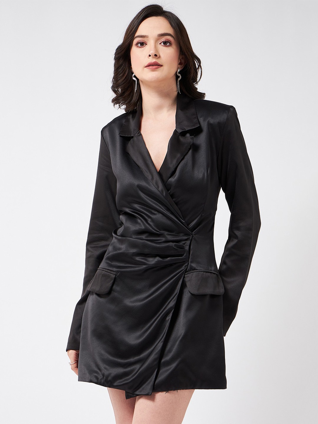 

MAGRE Lapel Collar Satin Mini Blazer Dress, Black