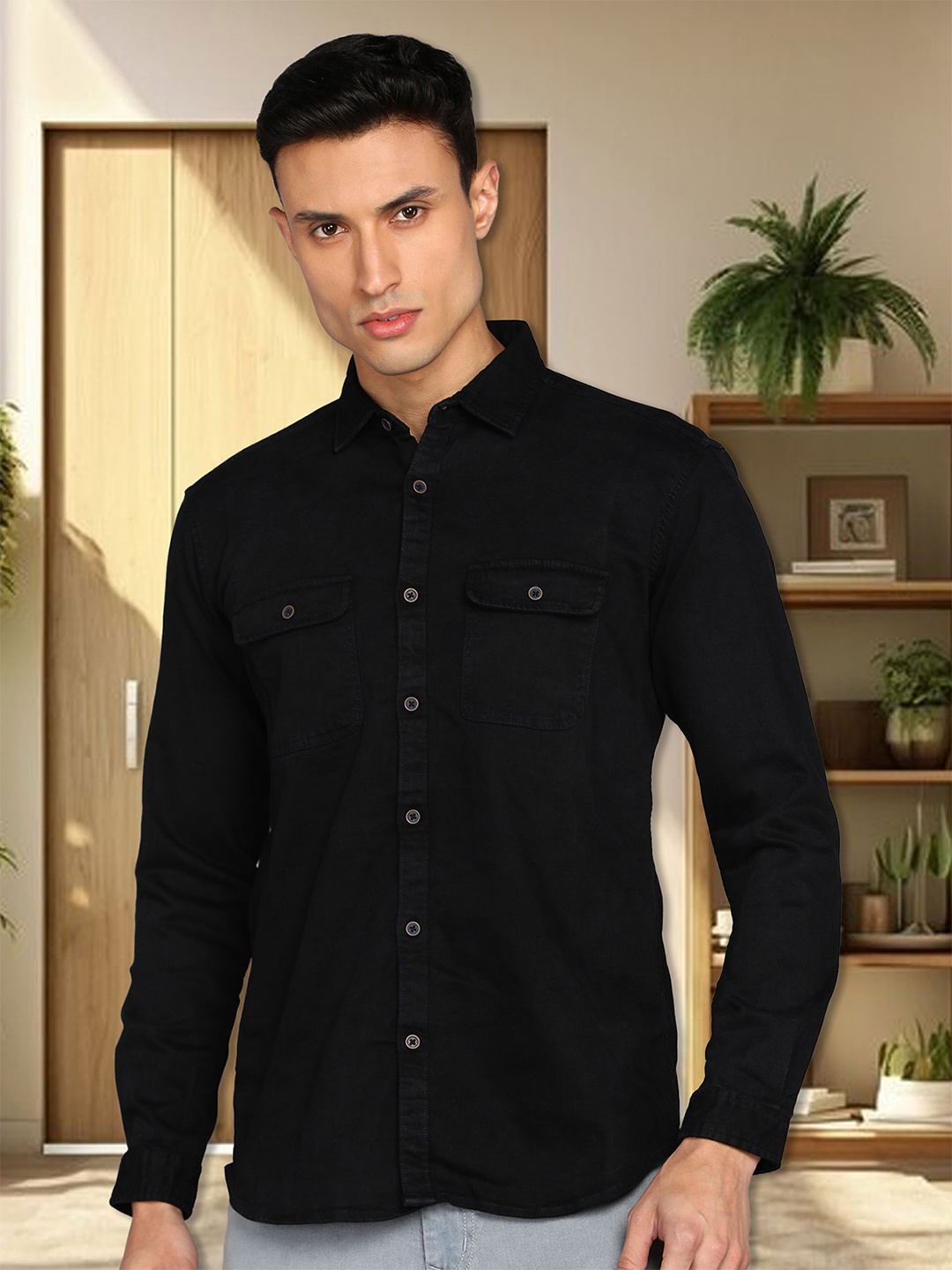 

Kuons Avenue Spread Collar Cotton Casual Shirt, Black