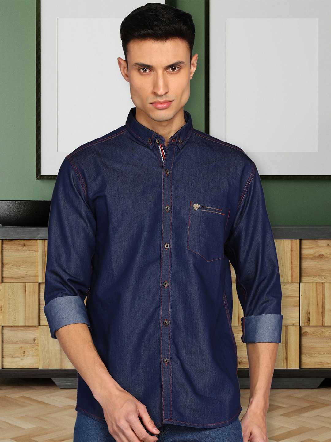 

Kuons Avenue Spread Collar Denim Casual Shirt, Blue