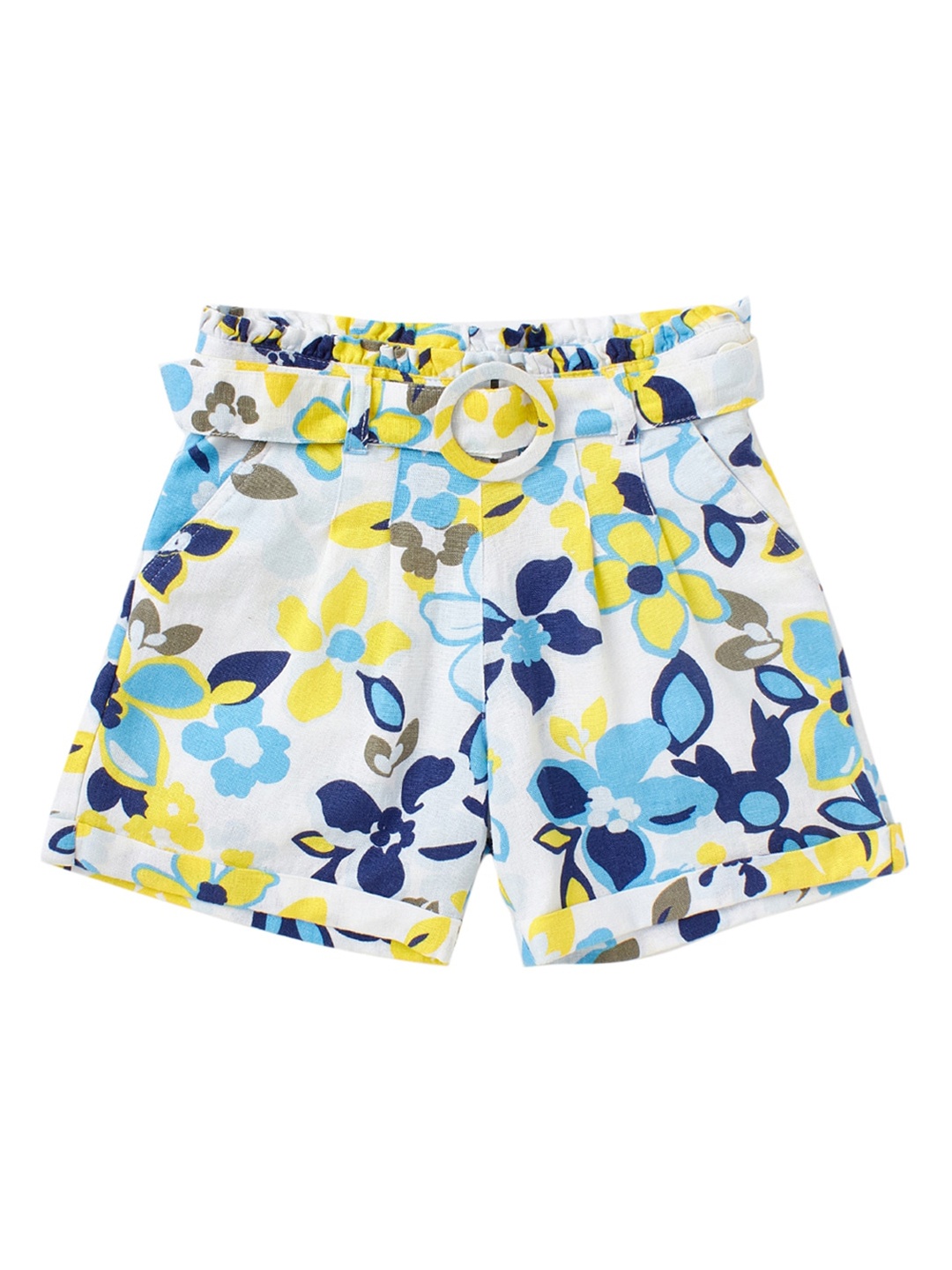 

Cub McPaws Girls Floral Printed Shorts With Waist Belt, White