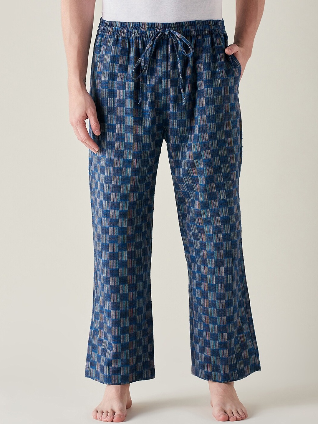 

The Kaftan Company Men Checked Mid-Rise Pure Cotton Lounge Pants, Blue