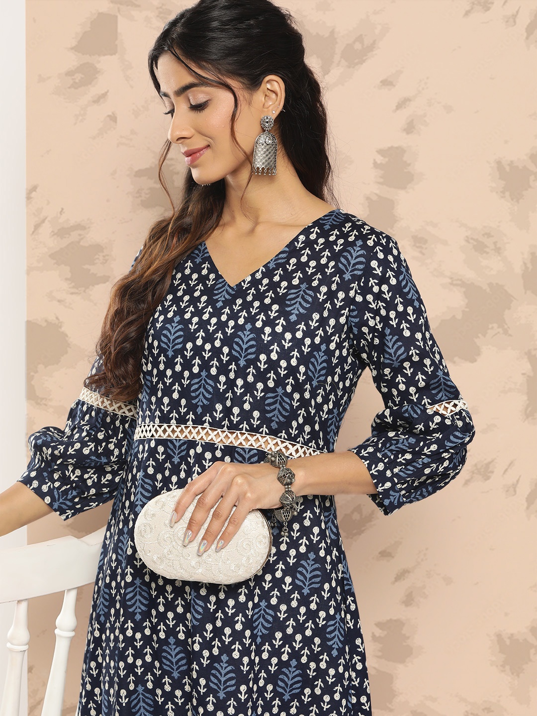 

Yufta Pure Cotton Floral Print Puff Sleeve A-Line Midi Dress, Black