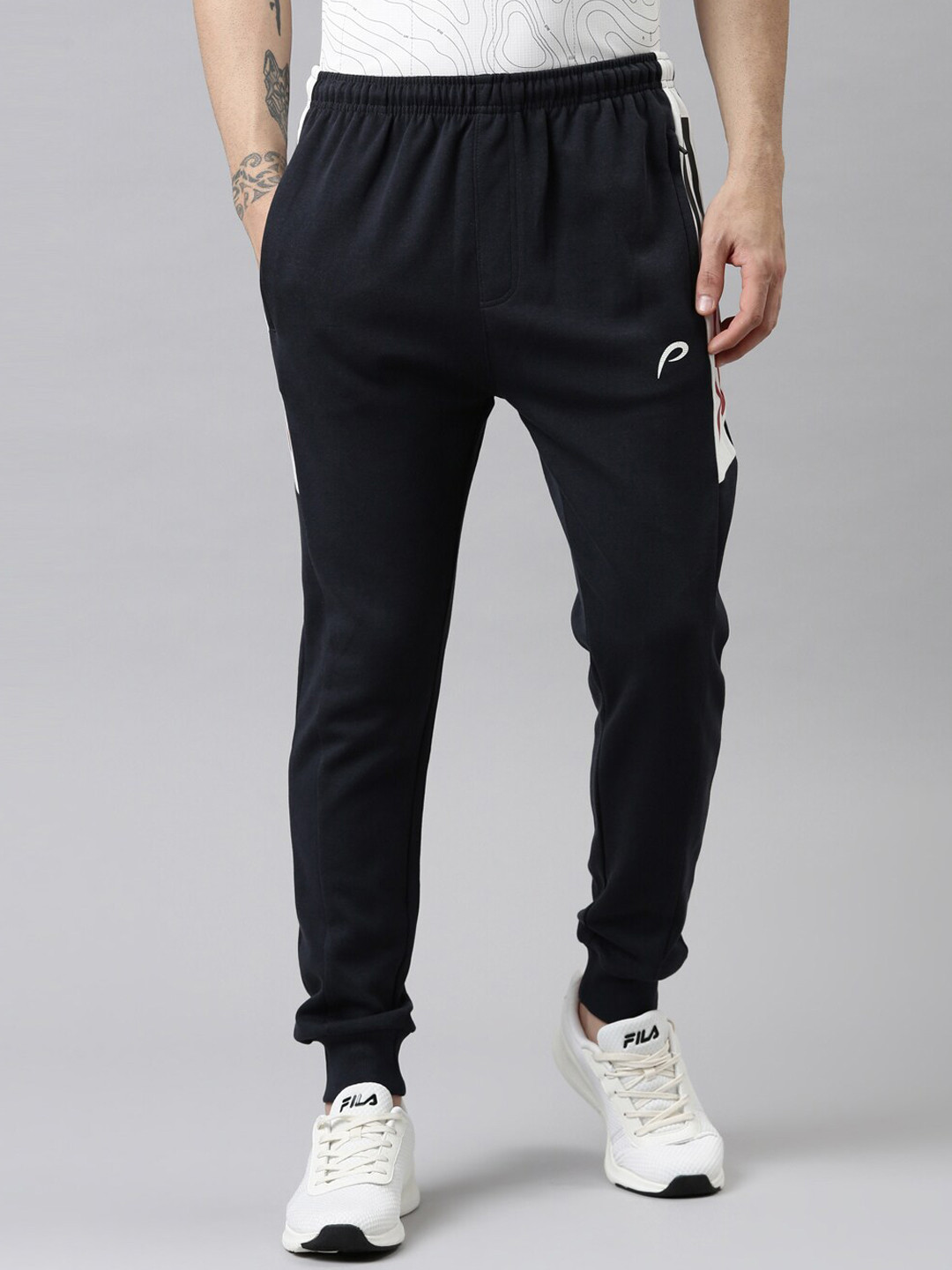 

Proline Men Side Printed Detail Mid Rise Cotton Joggers, Navy blue
