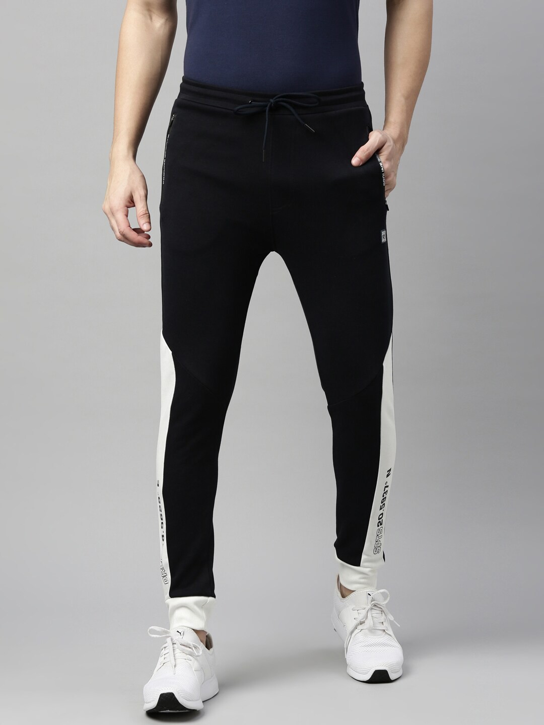 

Proline Men Side Panel Detail Mid Rise Cotton Joggers, Navy blue