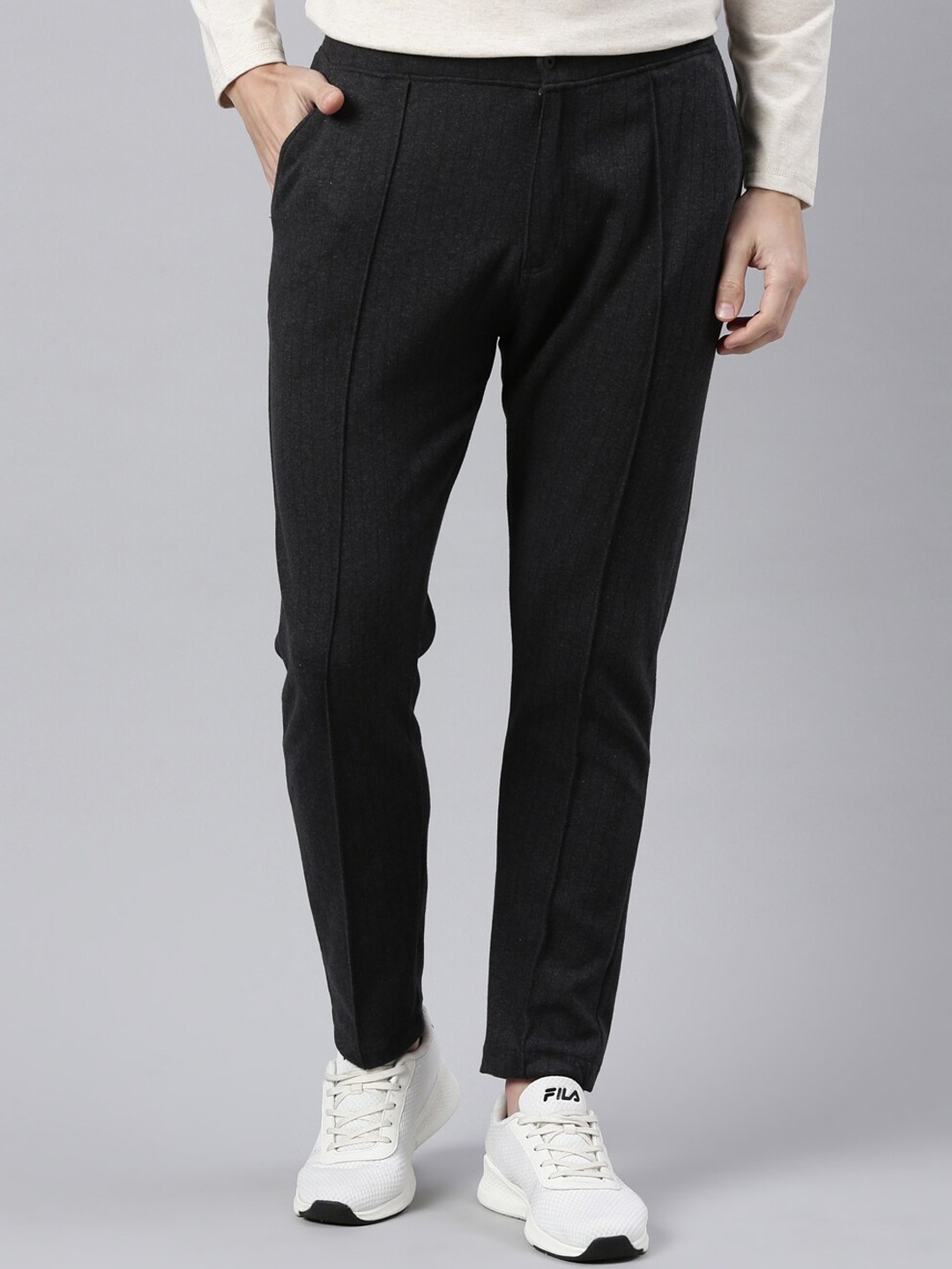 

Proline Men Striped Mid-Rise Cotton Regular Trousers, Grey