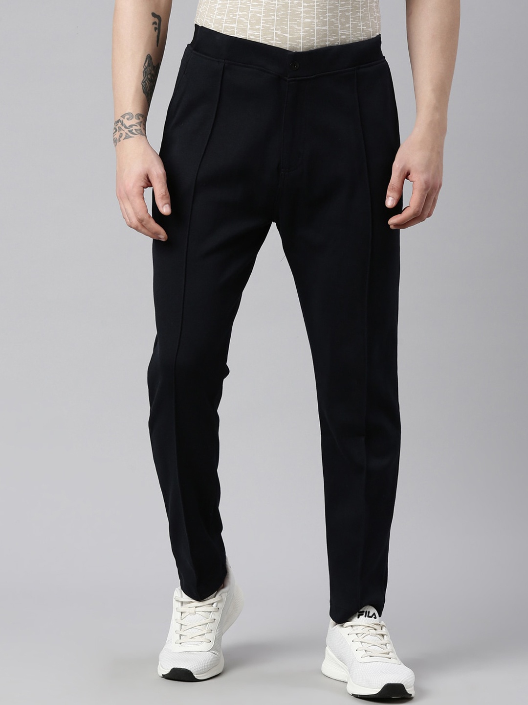 

Proline Men Flat-Front Mid-Rise Cotton Tapered Fit Trousers, Navy blue