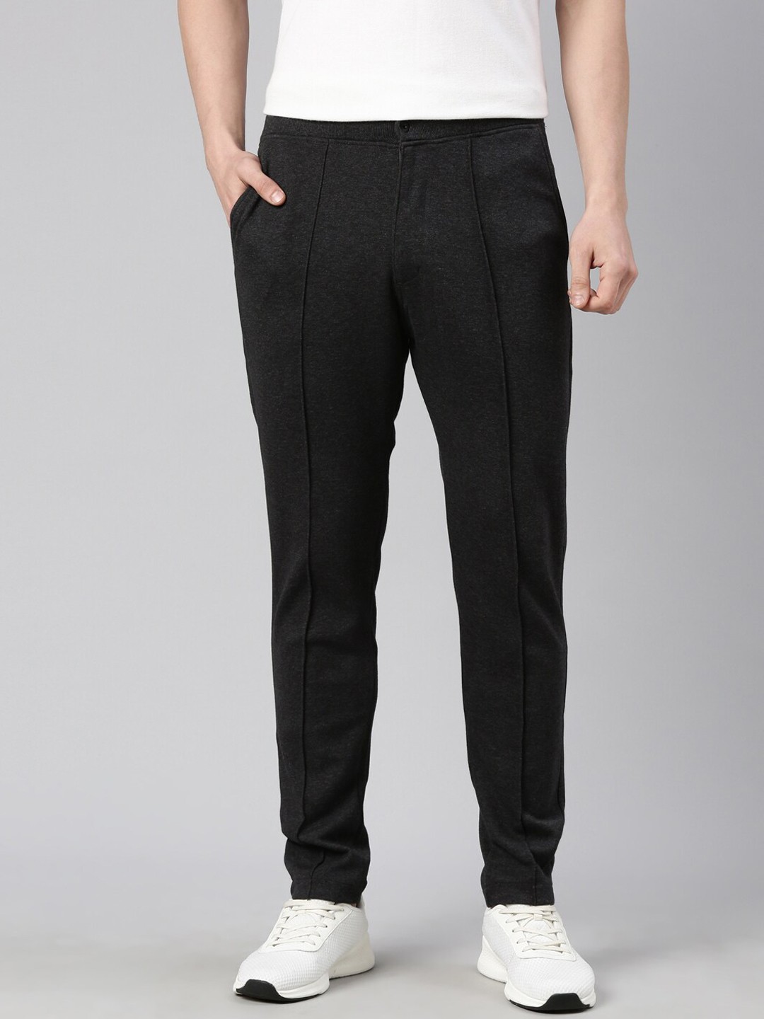 

Proline Men Mid-Rise Flat-Front Cotton Tapered Fit Trousers, Grey
