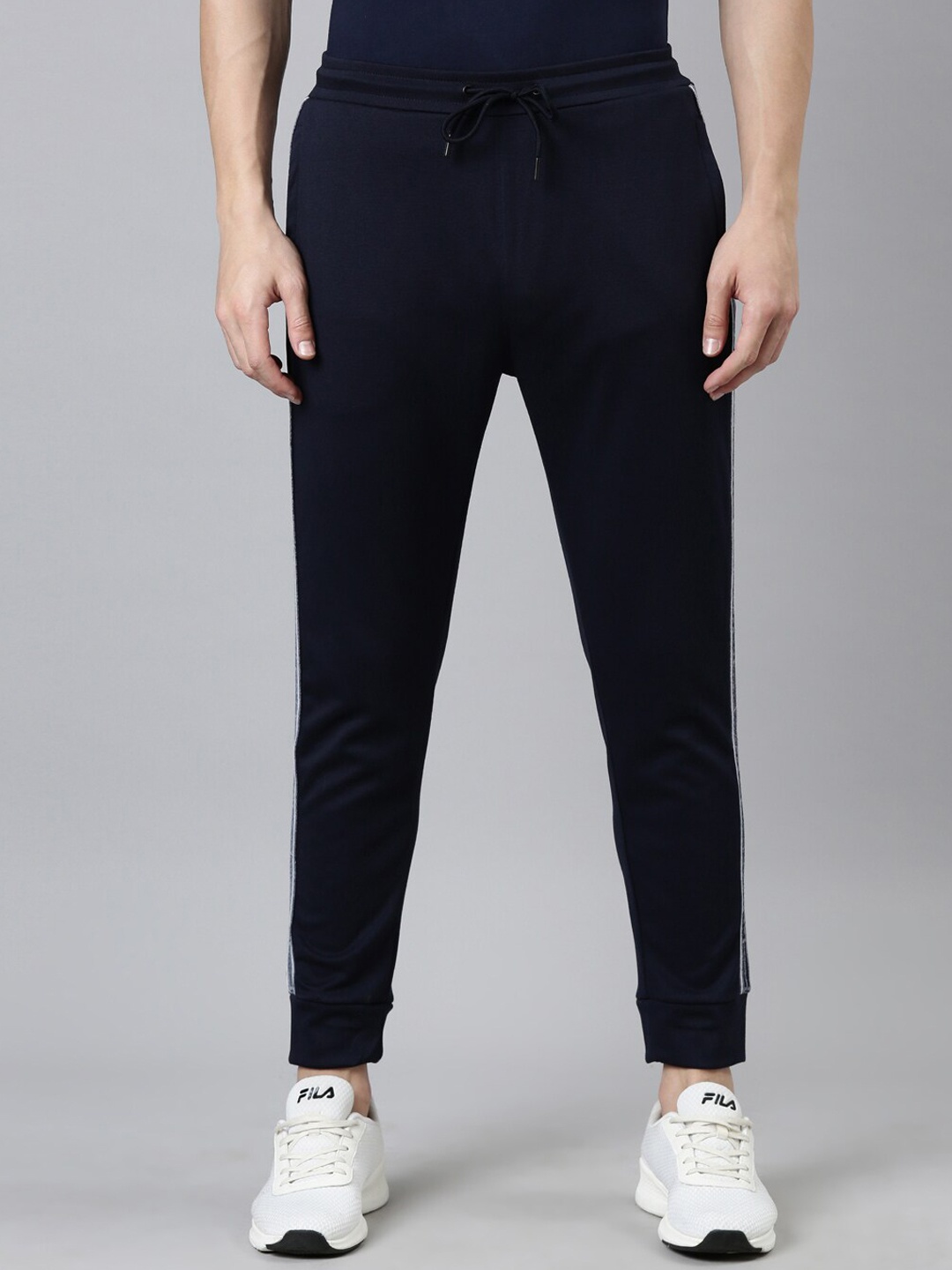 

Proline Men Striped Detail Pure Cotton Mid-Rise Joggers, Navy blue