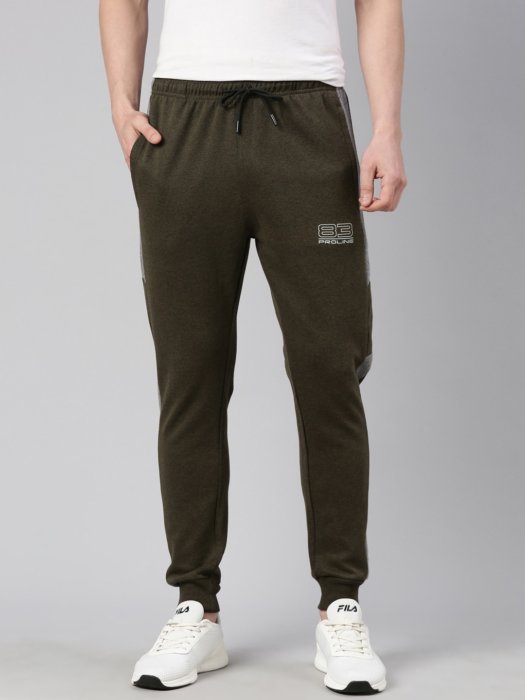 

Proline Men Striped Detail On Side Cotton Satin Mid-Rise Jogger, Olive