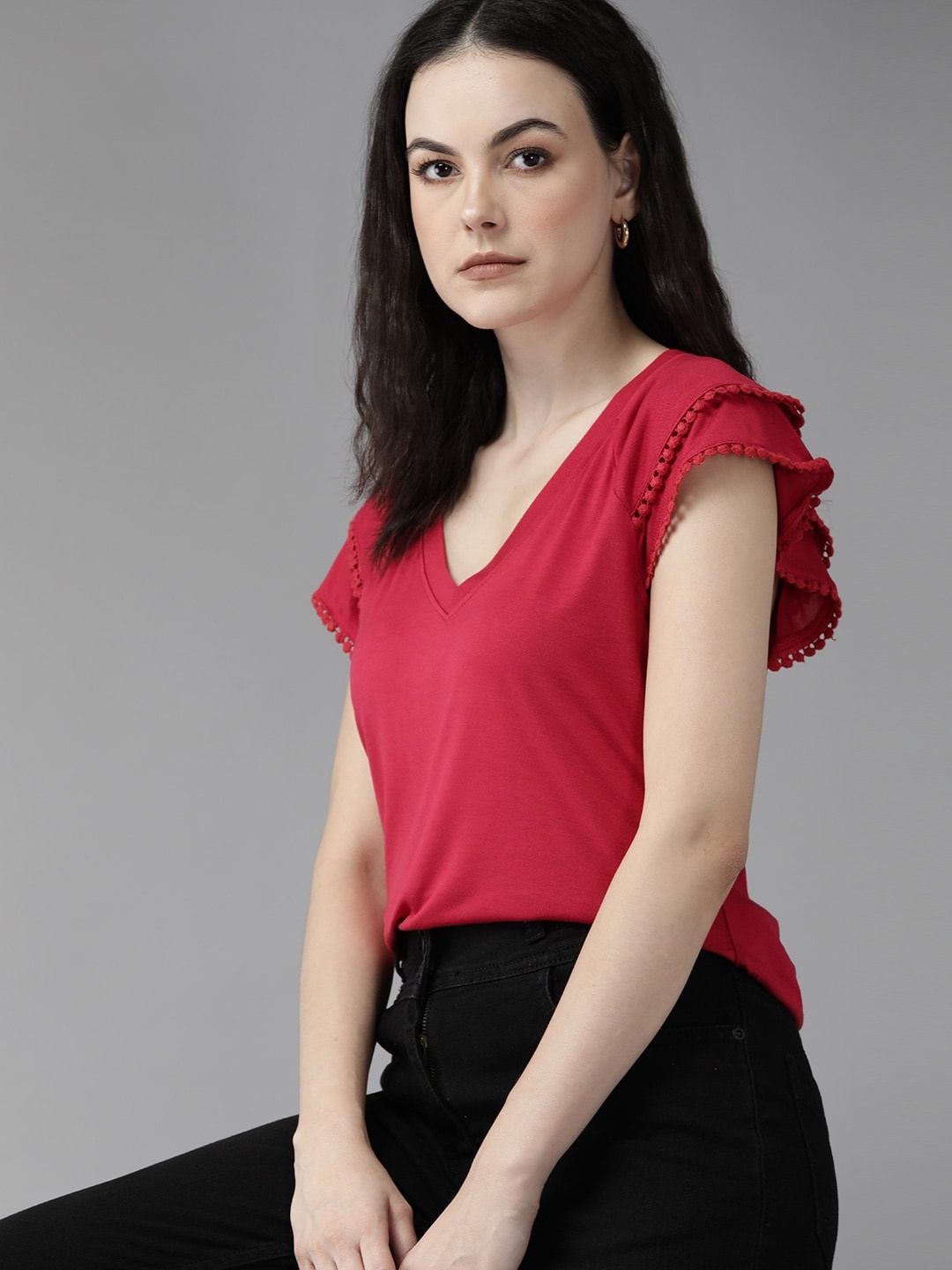 

The Roadster Lifestyle Co. Ruffle Sleeves T-shirt, Red