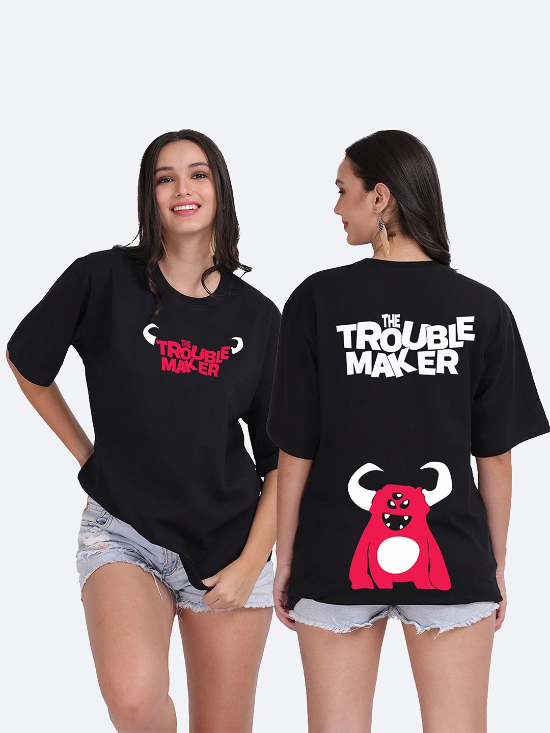 Mad Over Print Typography Printed Drop-Shoulder Sleeves Oversize T-shirt, Black