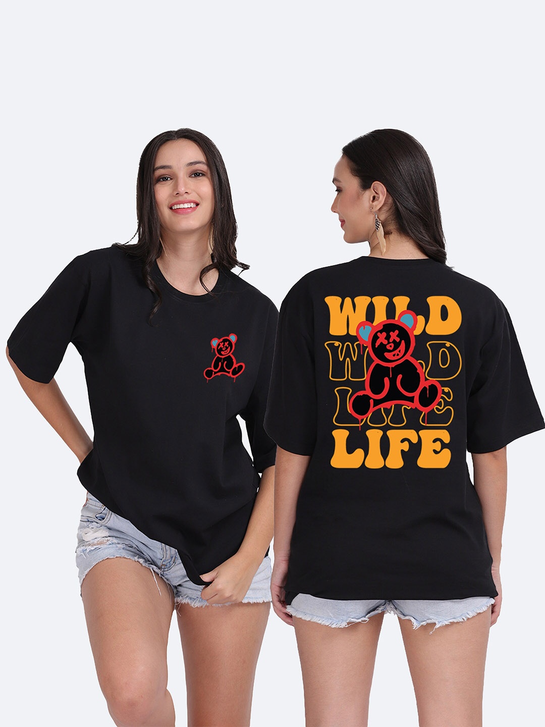 Mad Over Print Typography Printed Drop-Shoulder Sleeves Loose T-shirt, Black