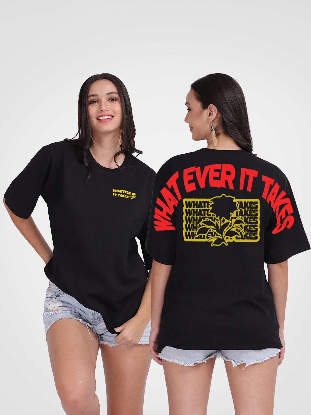 

Mad Over Print Typography Printed Drop-Shoulder Sleeves Loose T-shirt, Black