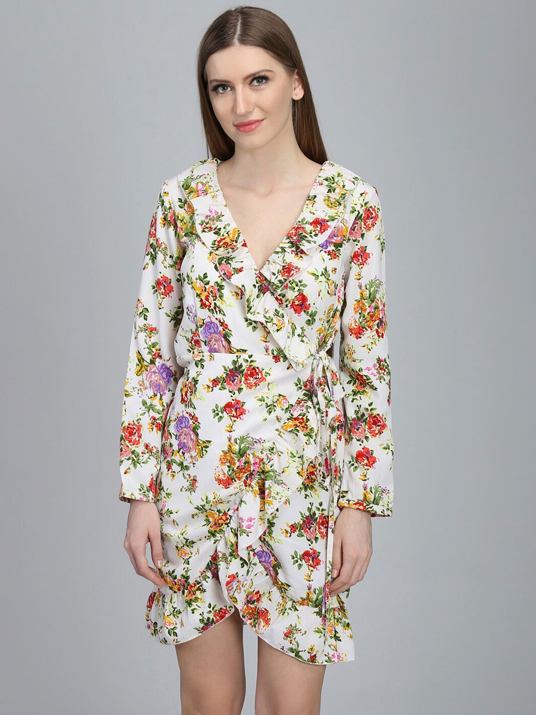 

DODO & MOA V-Neck Floral Crepe Wrap Dress, White