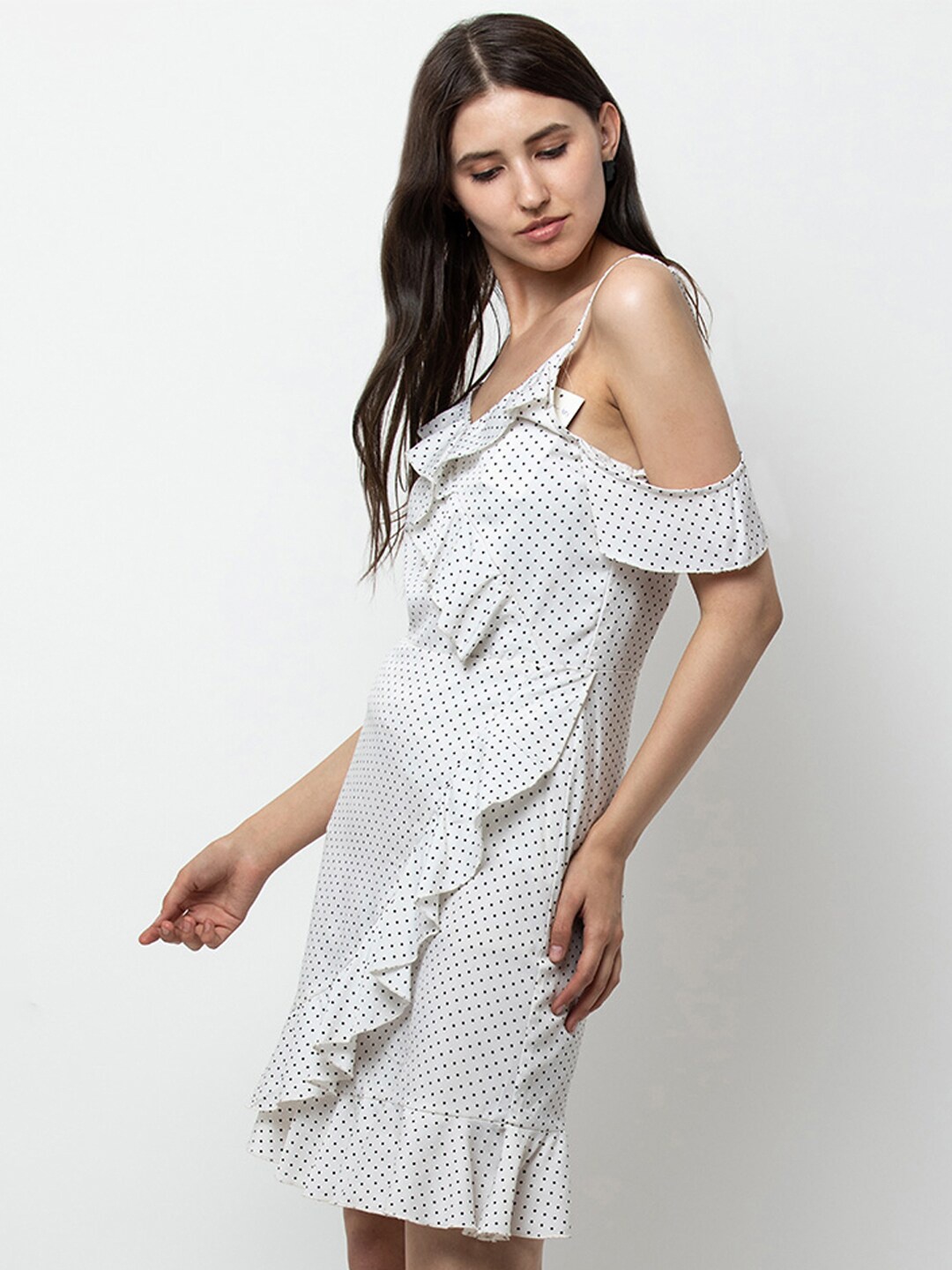 

DODO & MOA Cold-Shoulder Sleeves Striped Crepe Dress, White