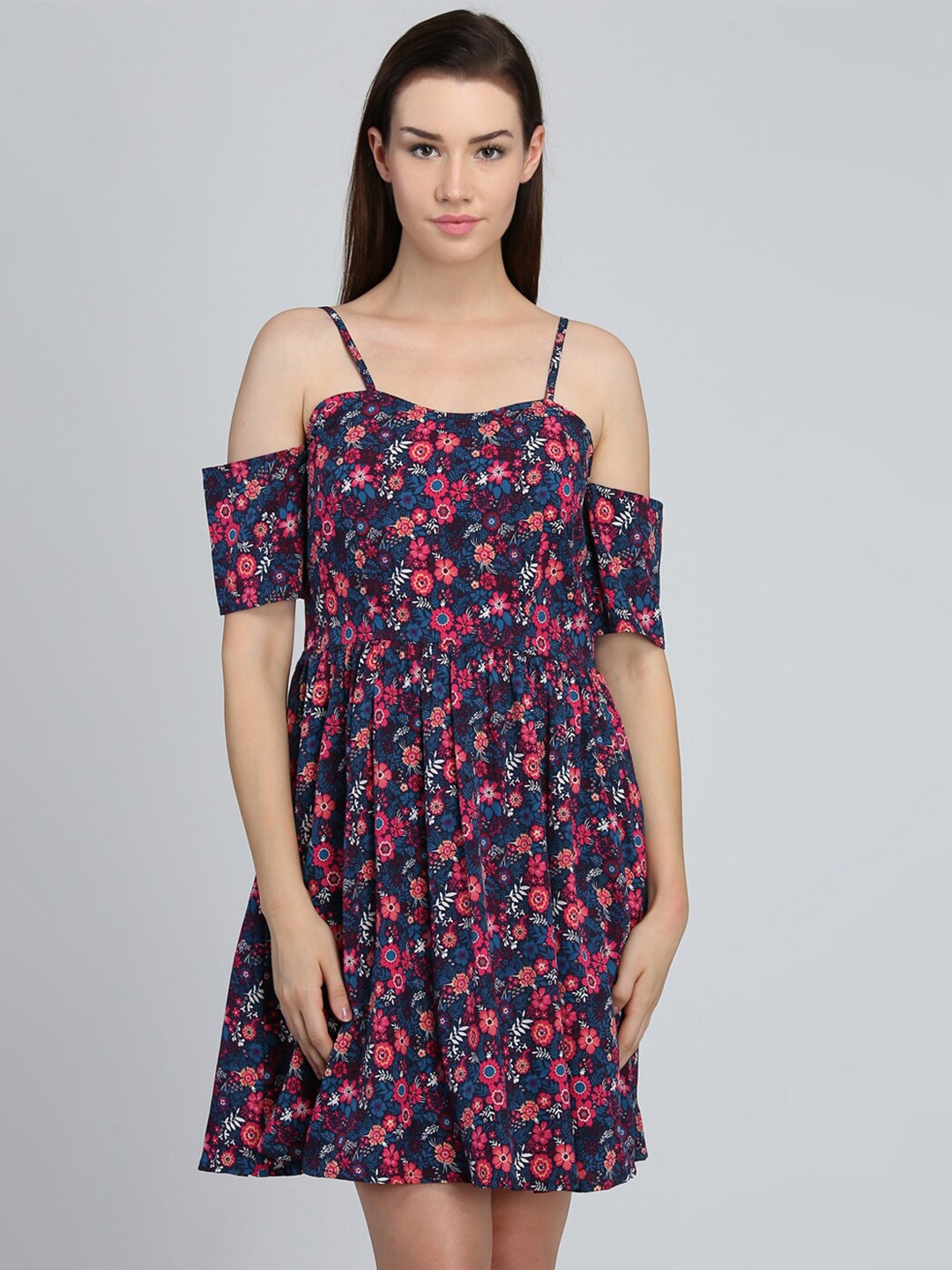 

DODO & MOA Sweetheart Neck Cold-Shoulder Sleeves Floral Crepe Dress, Navy blue