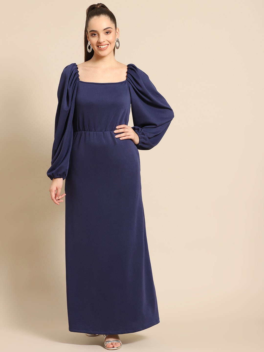 

DODO & MOA Puff Sleeves Square Neck Maxi Dress, Navy blue