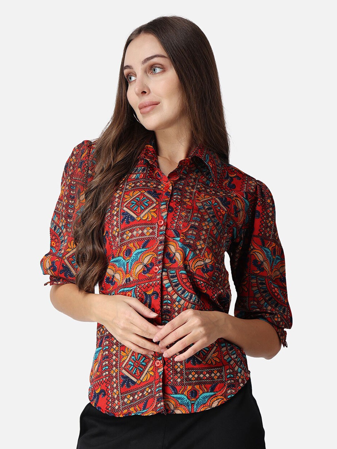 

SCORPIUS Ethnic Motifs Printed Classic Fit Casual Shirt, Red