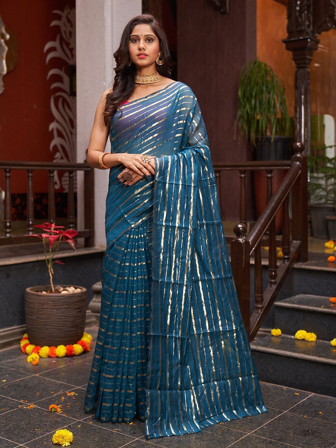 

KARAGIRI Zari Striped Cotton Blend Saree, Navy blue