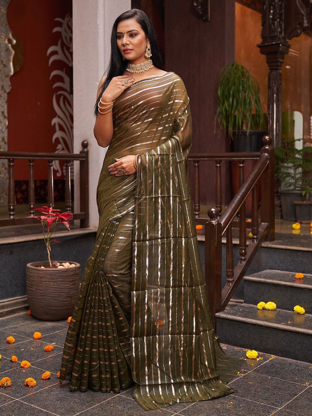 

KARAGIRI Sheer Zari Striped Saree, Olive