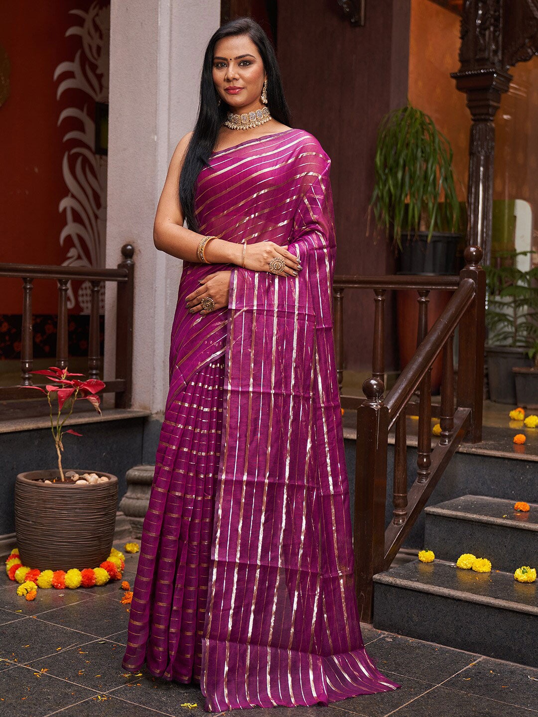 

KARAGIRI Sheer Zari Striped Saree, Purple
