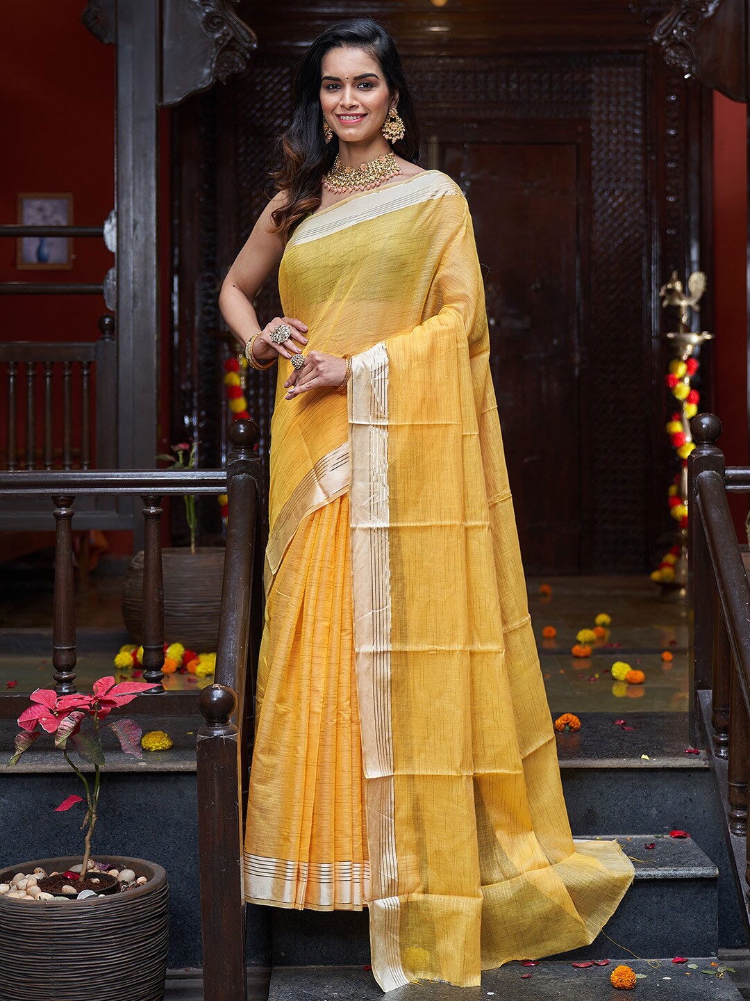 

KARAGIRI Sheer Zari Border Silk Blend Saree, Yellow