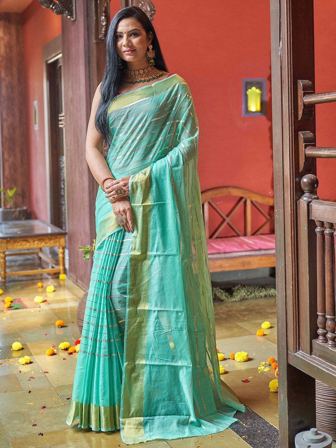 

KARAGIRI Sheer Zari Striped Saree, Green