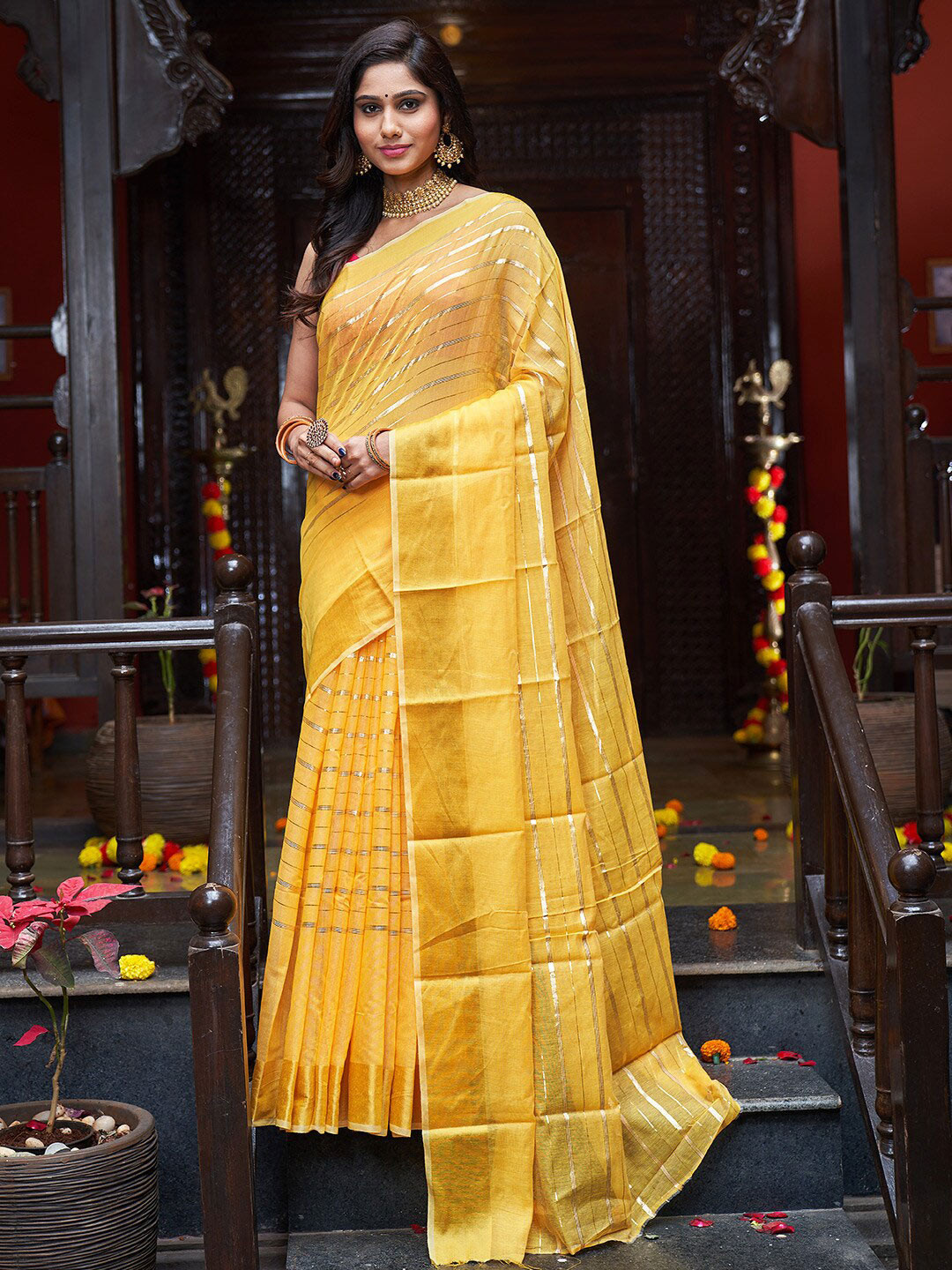 

KARAGIRI Sheer Zari Striped Saree, Yellow