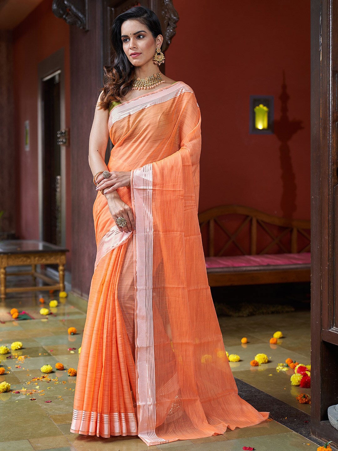 

KARAGIRI Sheer Zari Border Saree, Orange