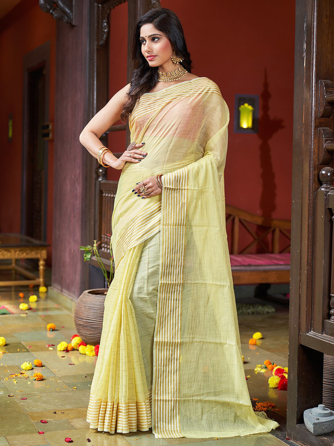 

KARAGIRI Sheer Striped Border Saree, Yellow