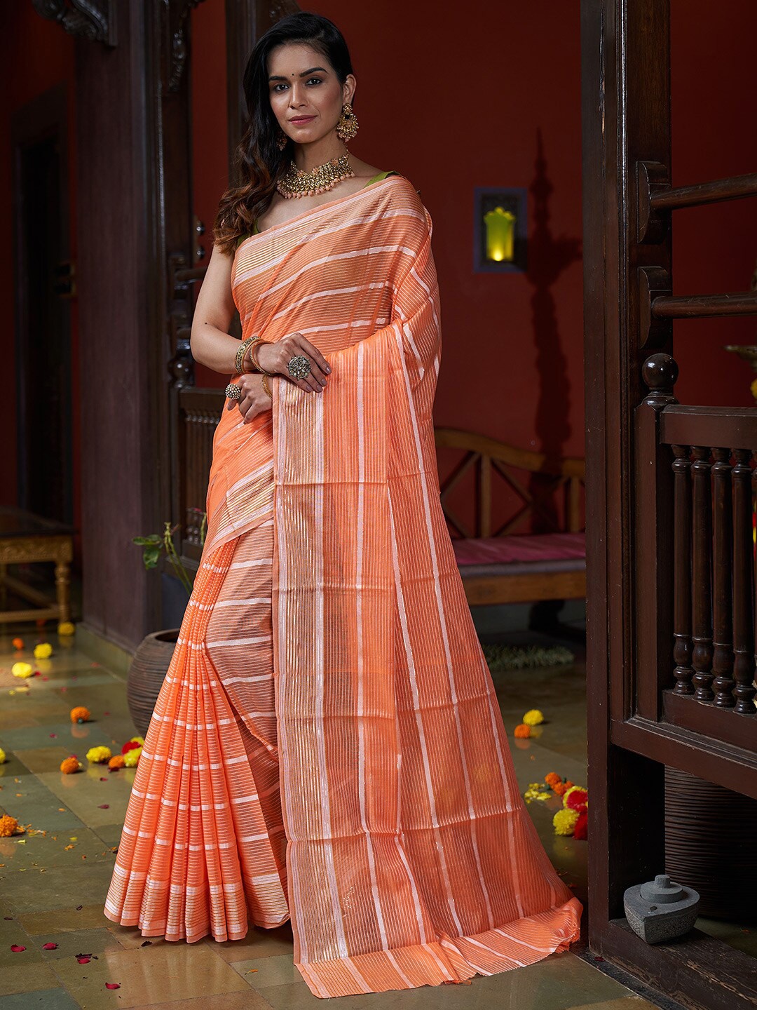 

KARAGIRI Sheer Striped Zari Saree, Orange