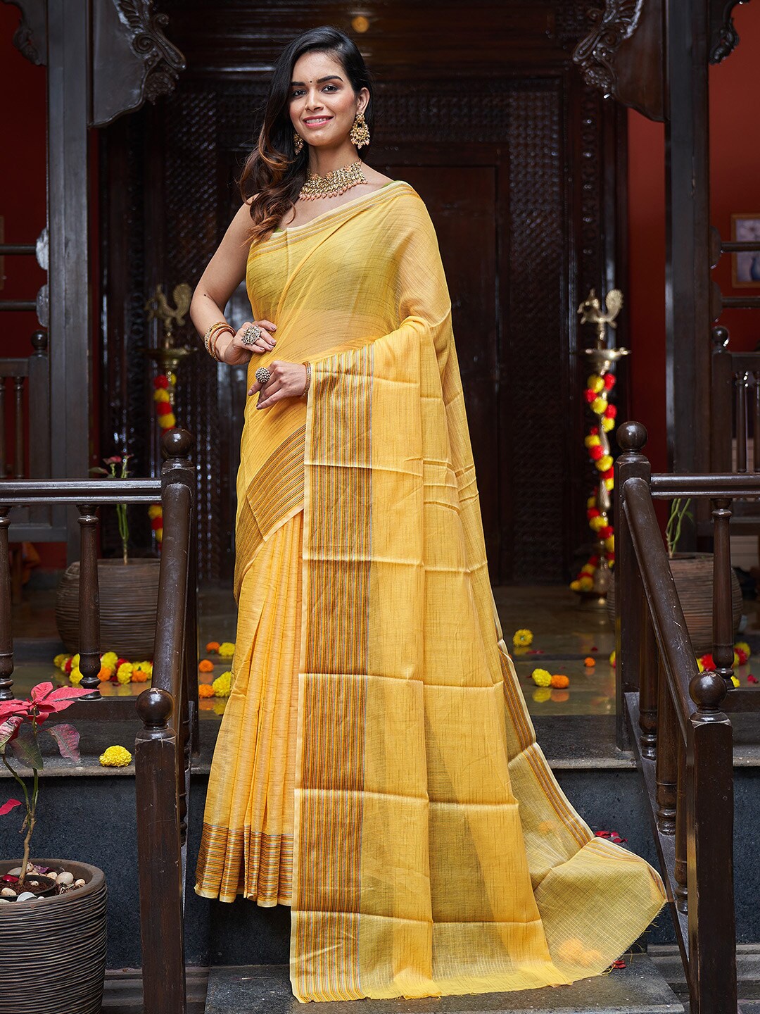 

KARAGIRI Sheer Striped Border Saree, Yellow