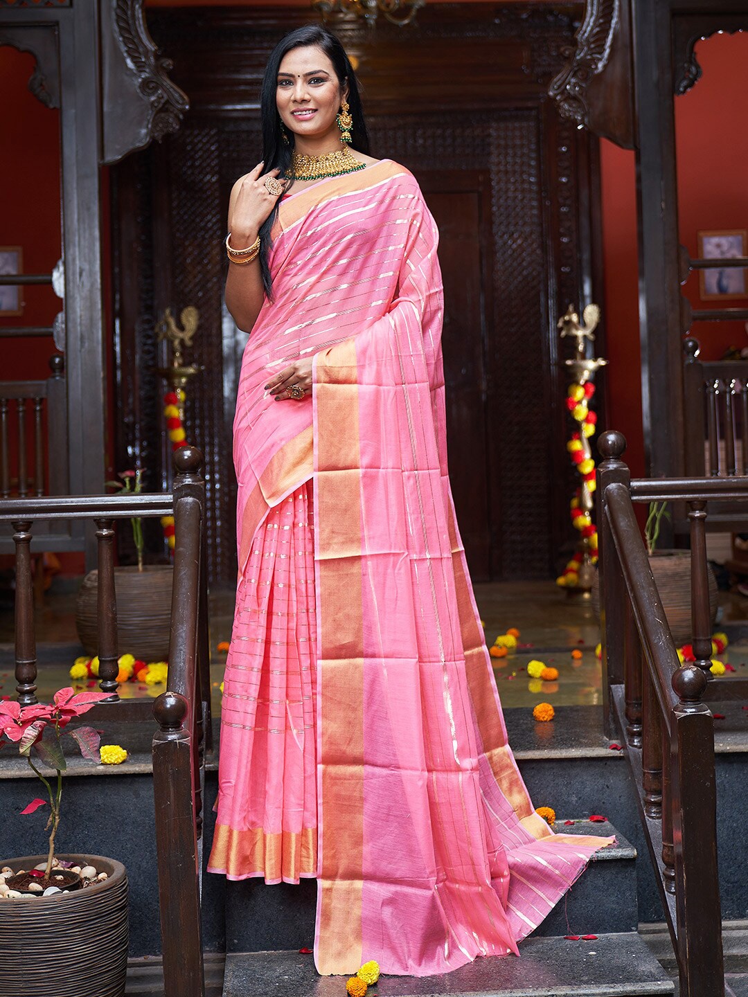 

KARAGIRI Striped Cotton Saree, Pink