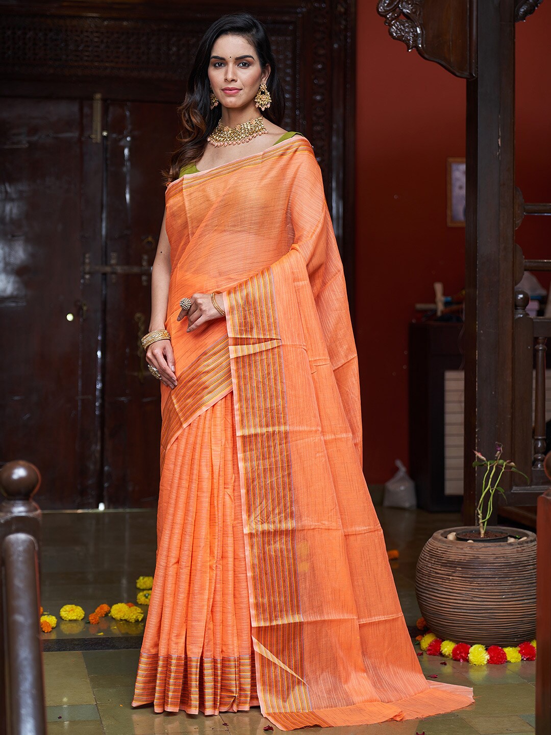 

KARAGIRI Striped Cotton Saree, Orange