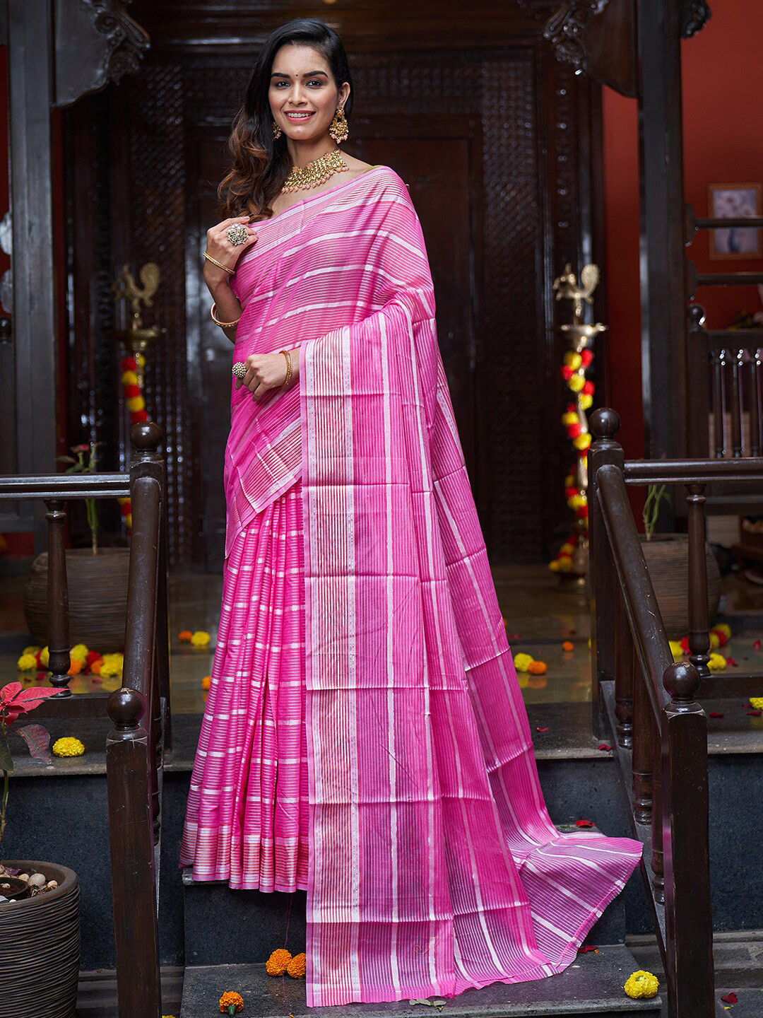 

KARAGIRI Striped Silk Saree, Pink