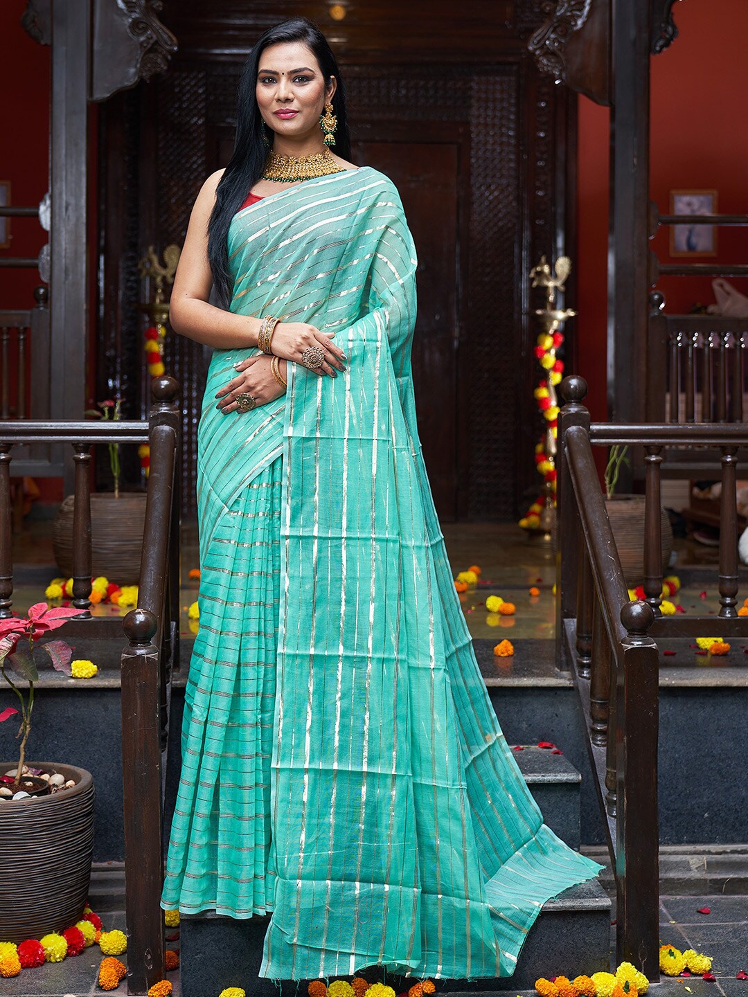 

KARAGIRI Striped Cotton Saree, Sea green