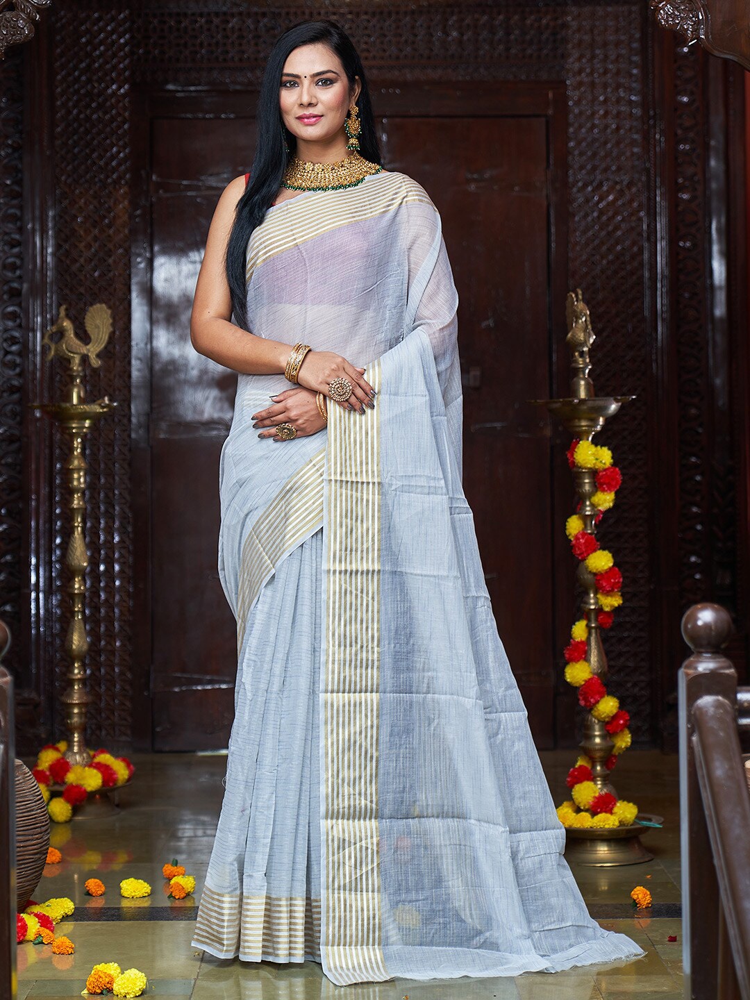

KARAGIRI Striped Silk Saree, Grey