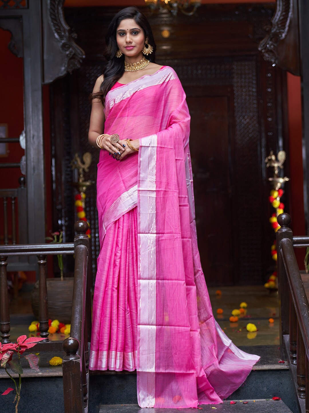

KARAGIRI Striped Silk Saree, Pink