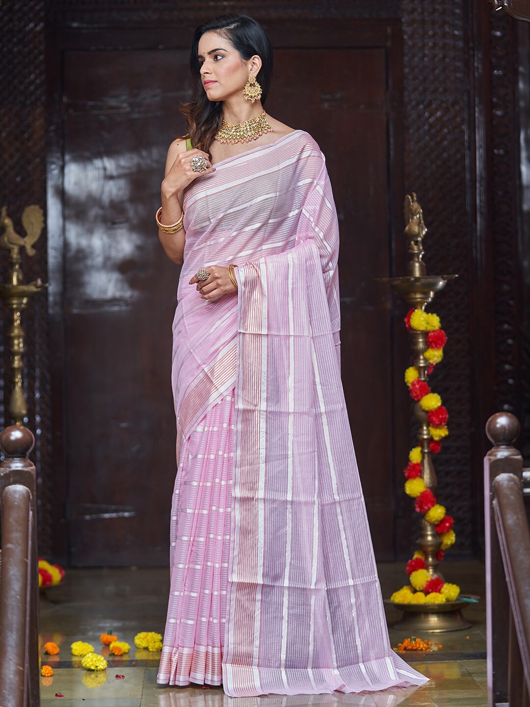 

KARAGIRI Striped Silk Saree, Pink