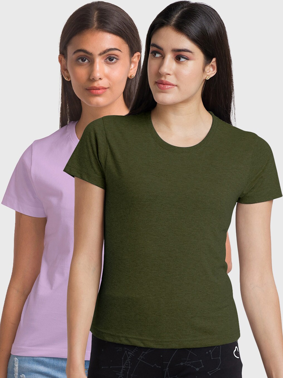 

FashionRack Pack Of 2 Round Neck Cotton T-shirts, Olive