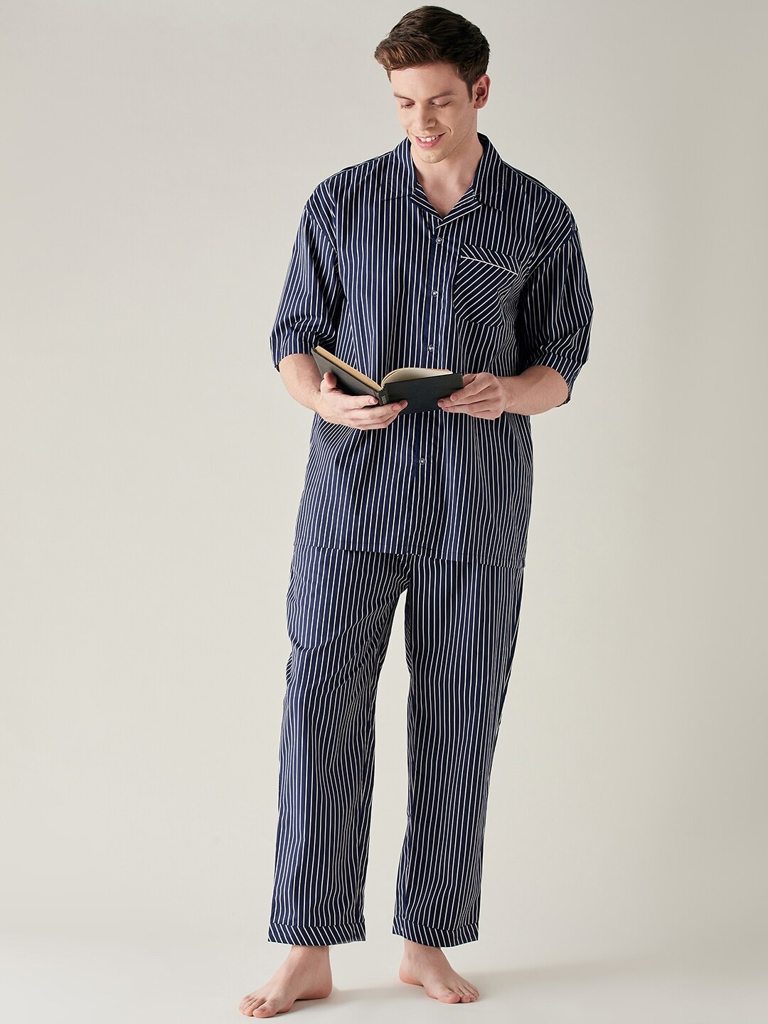 

The Kaftan Company Striped Pure Cotton Night Suit, Navy blue