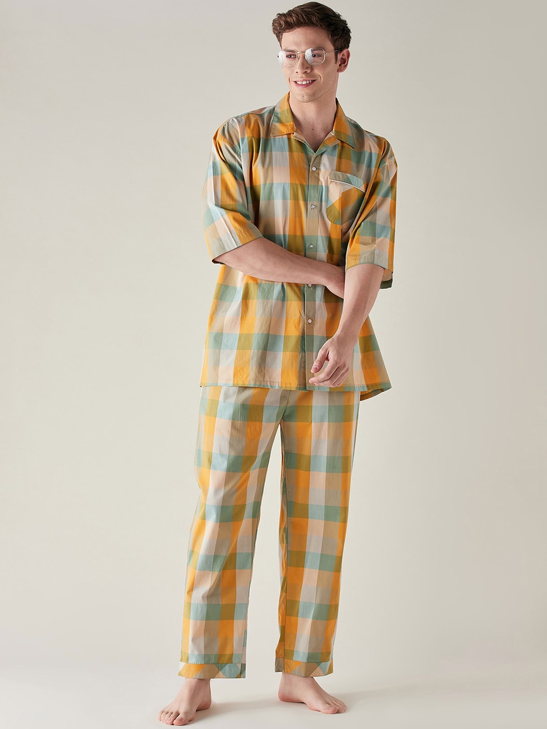 

The Kaftan Company Checks Pure Cotton Night Suit, Yellow