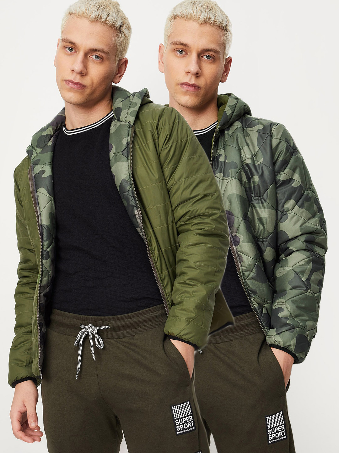 

max Men Camouflage Printed Hooded Reversible Puffer Jacket, Olive