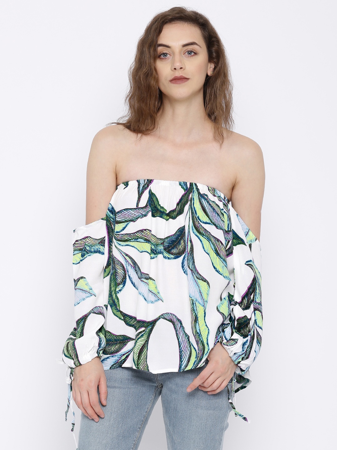 

FOREVER 21 Women White Printed Bardot Top
