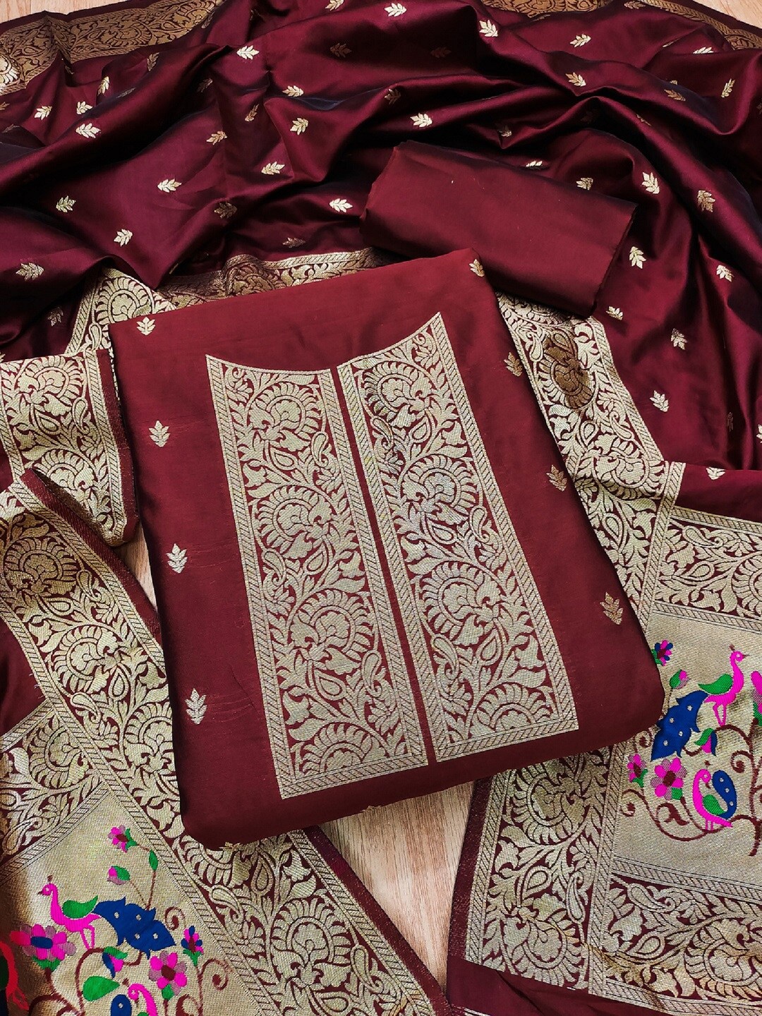 

KALINI Banarasi Paithani Unstitched Dress Material, Maroon