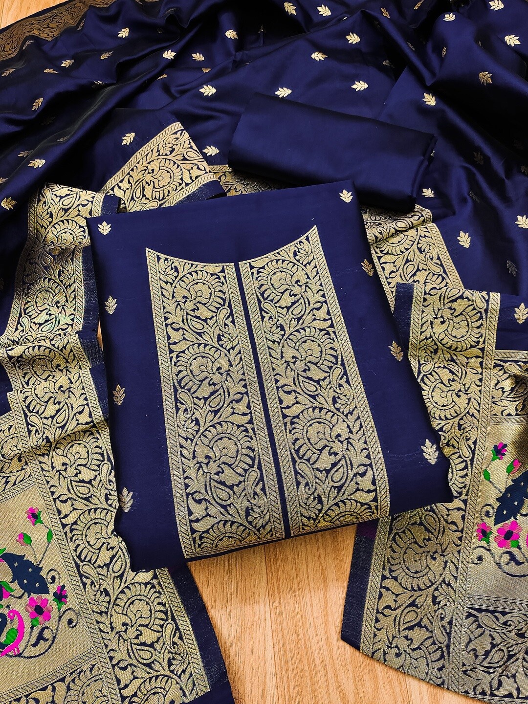 

KALINI Banarasi Paithani Unstitched Dress Material, Navy blue